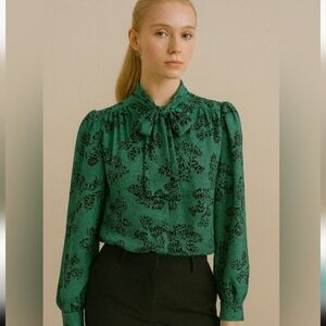 Vintage Blouse Tie Neck Secretary Pussybow Leopard Emerald Green Puff Sleeve S M